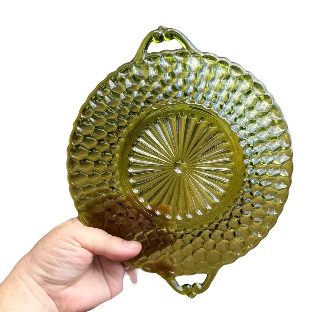 Vintage Green Pressed Glass Bowls Set of 4 Diamond Point Scalloped Edge Handles